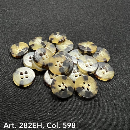 A collection of suit and coat buttons in a tortoiseshell pattern, featuring four holes for secure attachment