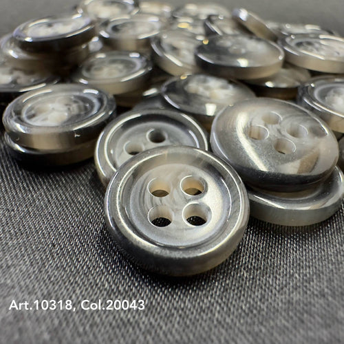 High-quality shirt buttons from Buttonology Inc in a glossy gray finish with four holes