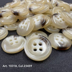 Art. 10318 Col. 23459 cream-brown Italian faux-horn 4-hole buttons, sizes 14L–54L – Buttonology Inc.