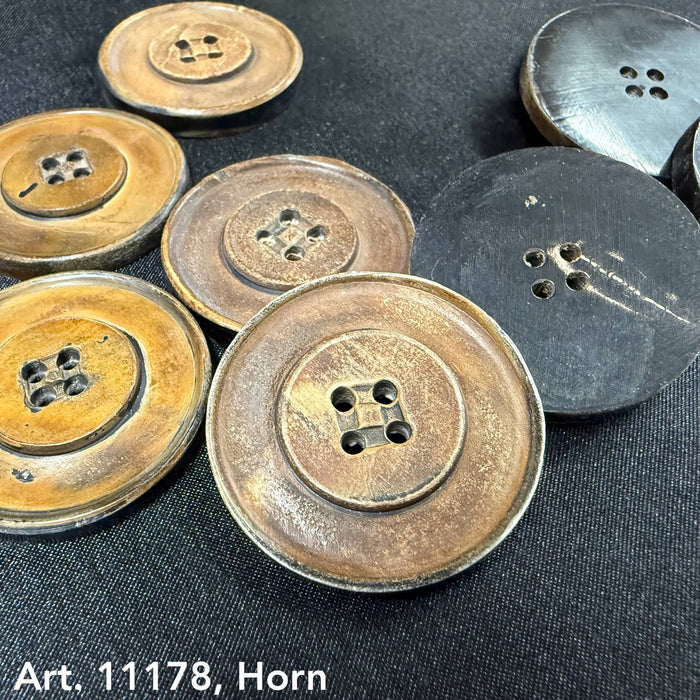 Round vintage horn buttons for clothing by Buttonology Inc in various brown and black shades