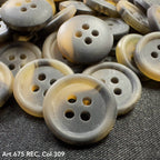 Wholesale four-hole buttons by Buttonology Inc in gray and beige tones with smooth matte finish