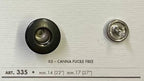 Black and silver jean button from Buttonology Inc with specifications for wholesale jean button supply